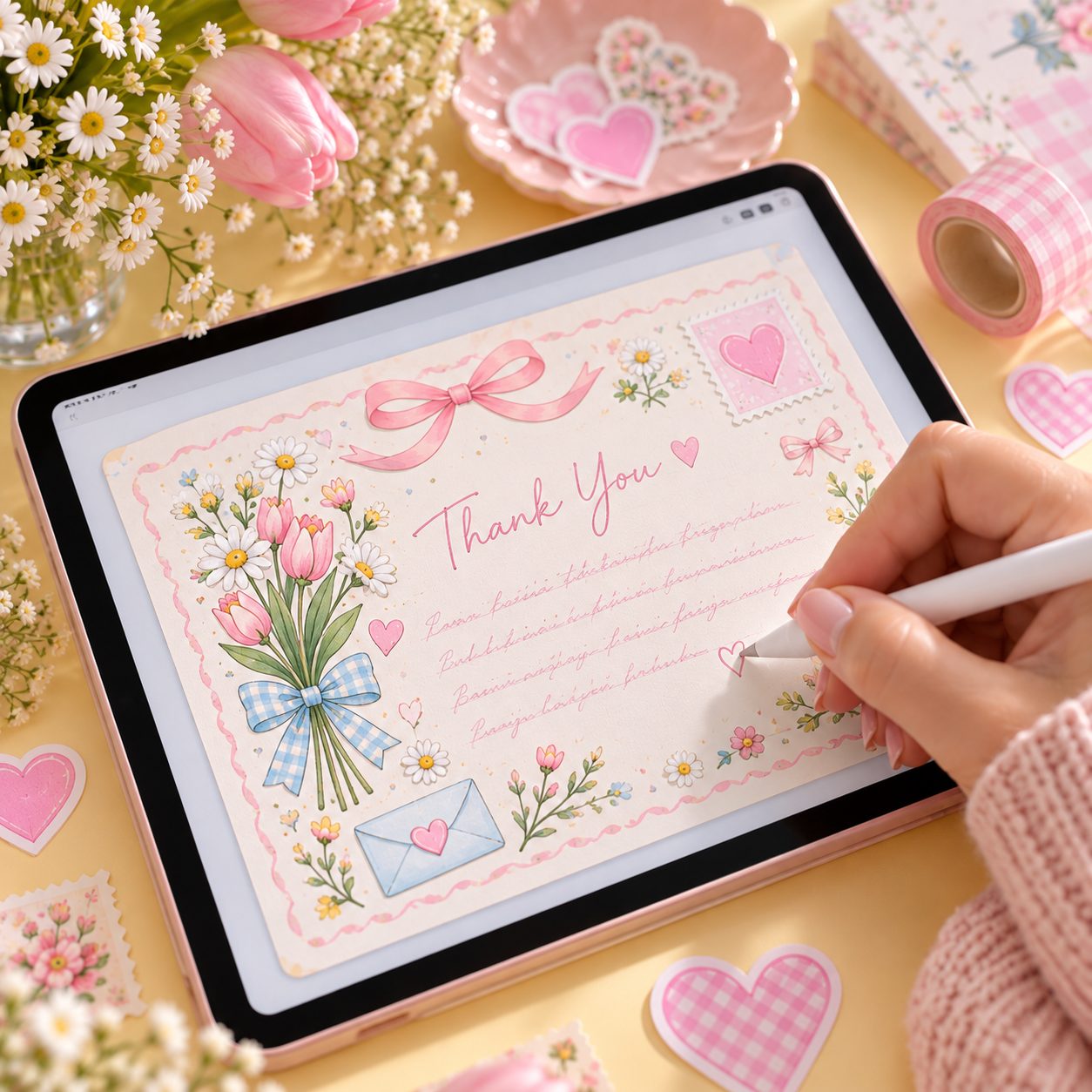 the tiny thank yous gratitude journal open in goodnotes on an ipad with an apple pencil