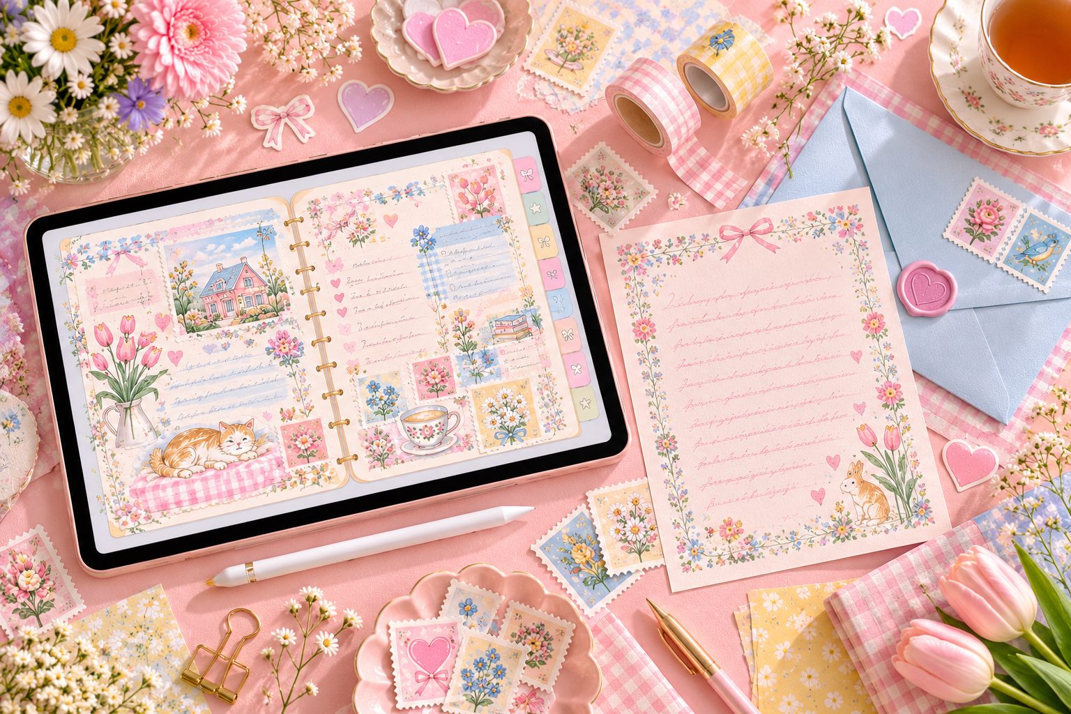 A stack of handwritten letters beside journals and a cup of tea