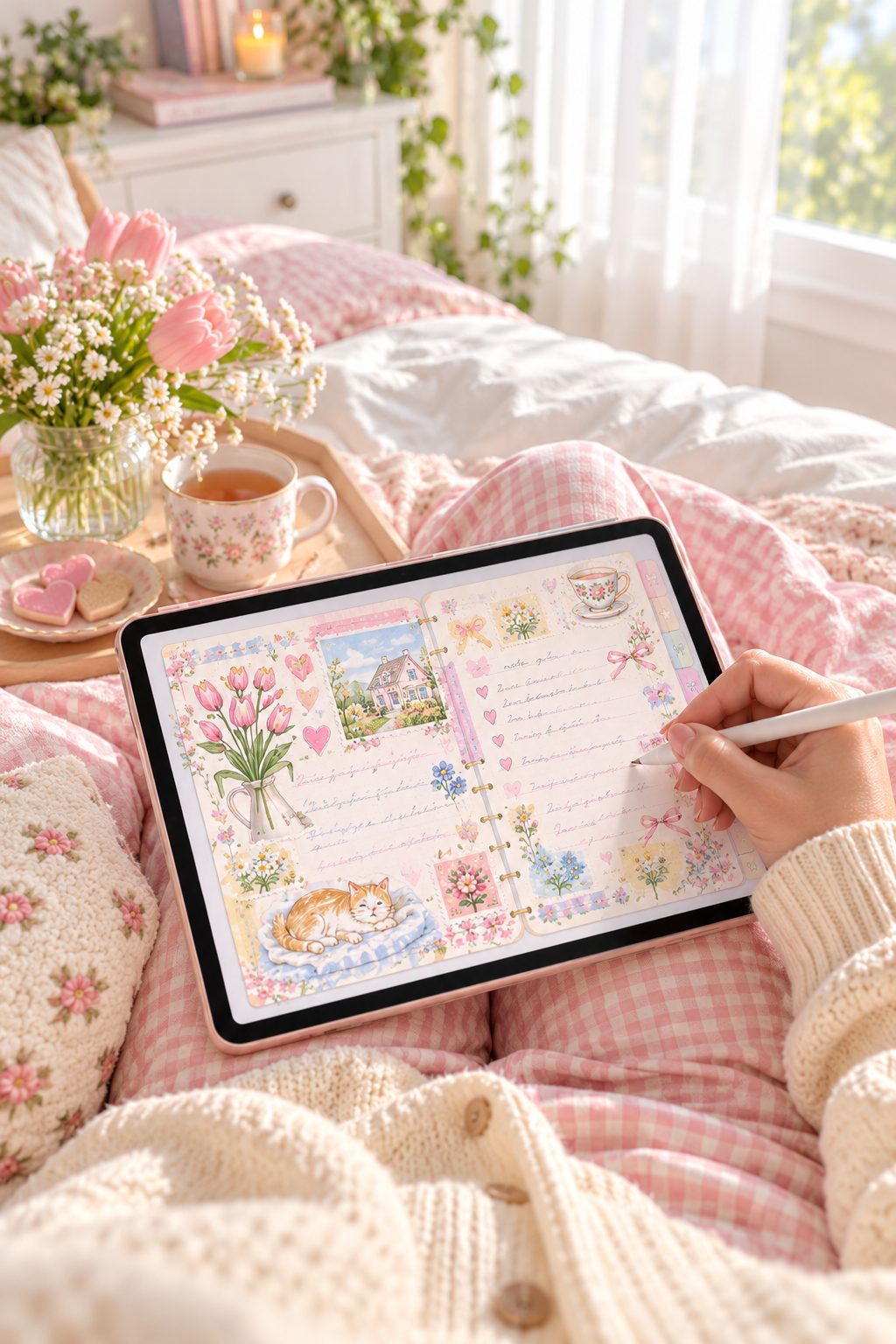 Journaling the tiny thank yous sampler in bed on an ipad