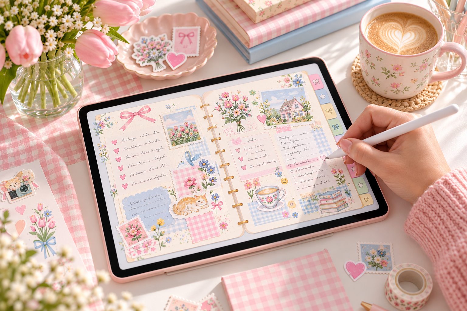 An ipad journal open on a cozy desk with a stylus and washi tape