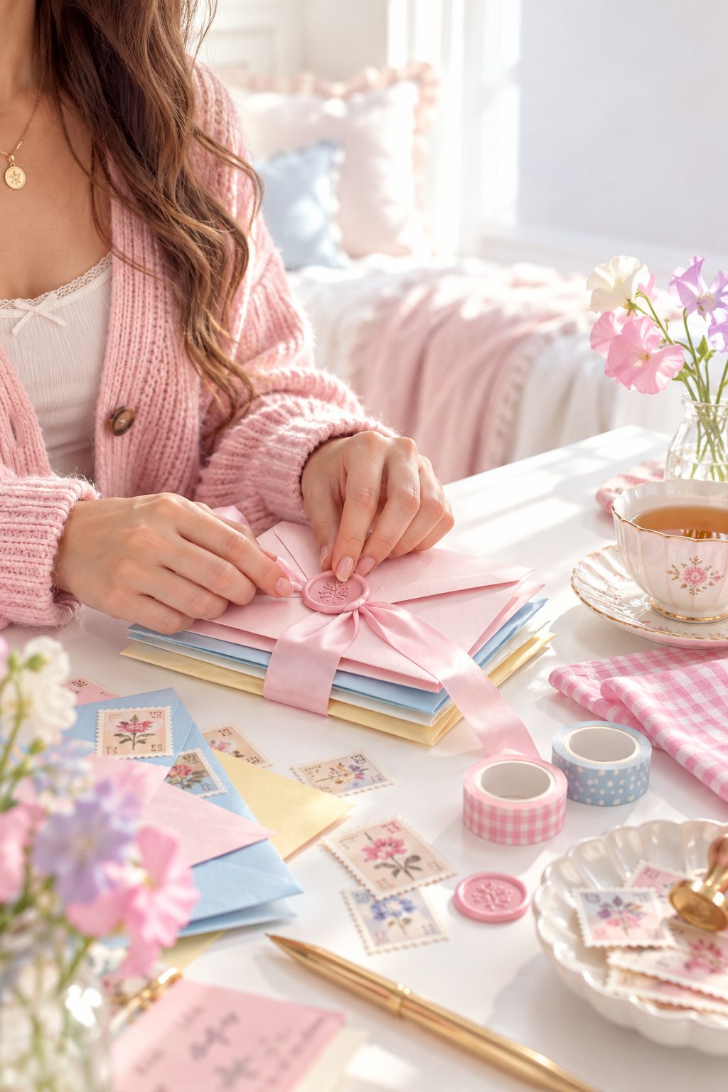 Woman in a pink cardigan sealing a stack of pastel envelopes tied with ribbon